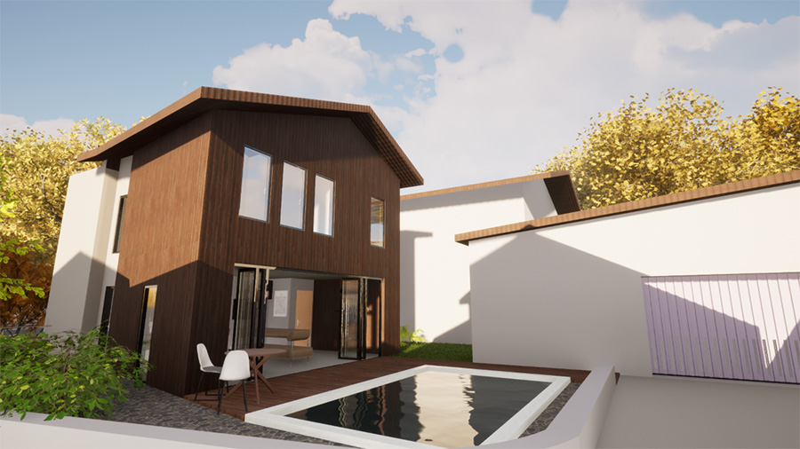 Illustration 3D maison contemporaine Pascal Corsi Architecte Réalisation 3D d'une extension de maison contemporaine en élaboration.